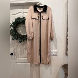 Women's Beige Longline Coat with Black Accents